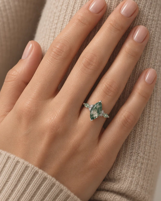 Marquise Moss Agate Ring - worn on the hand