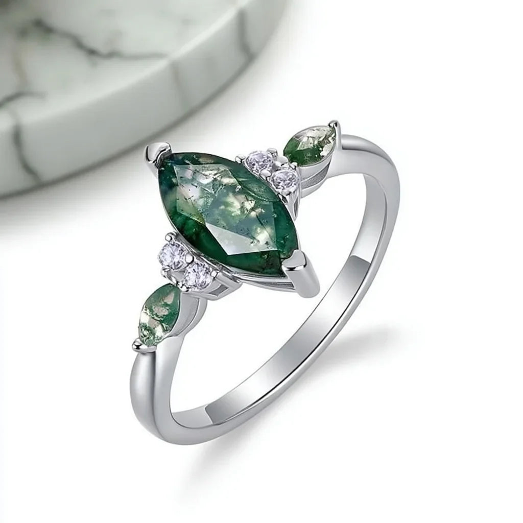 Marquise Cut Moss Agate Ring 925 Sterling Silver in White Gold Vermeil