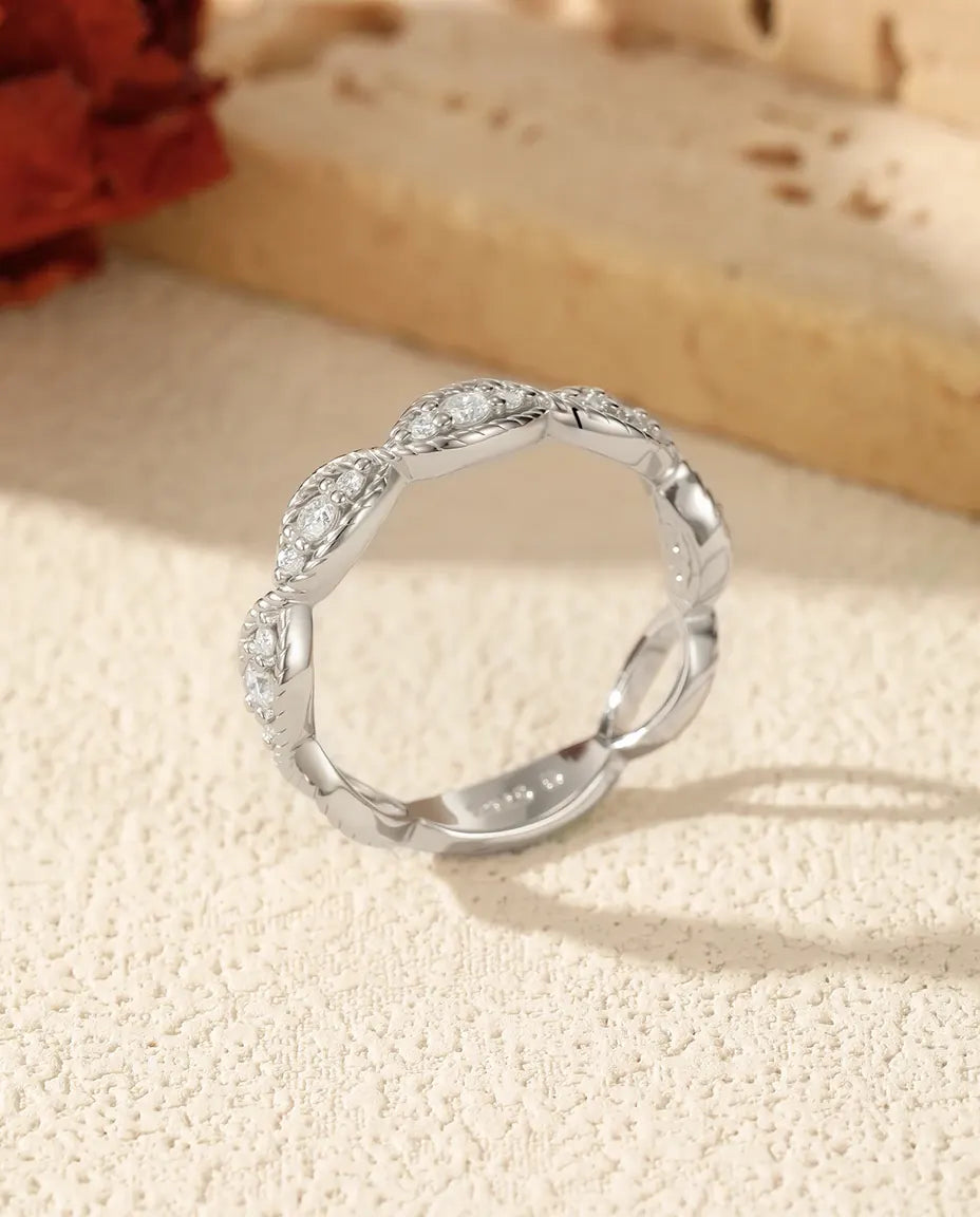 Marquise milgrain moissanite ring in 925 sterling silver, vintage stackable band