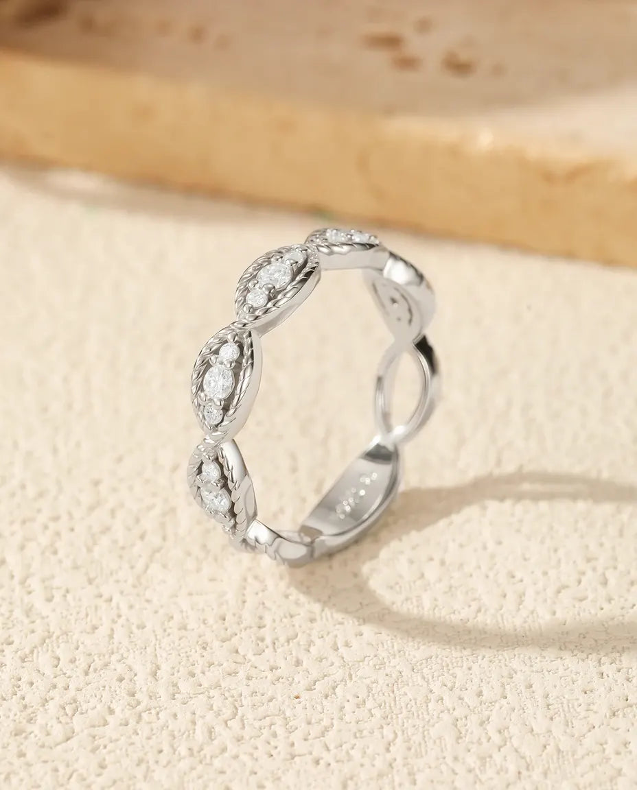 Marquise milgrain moissanite ring in 925 sterling silver, vintage stackable band