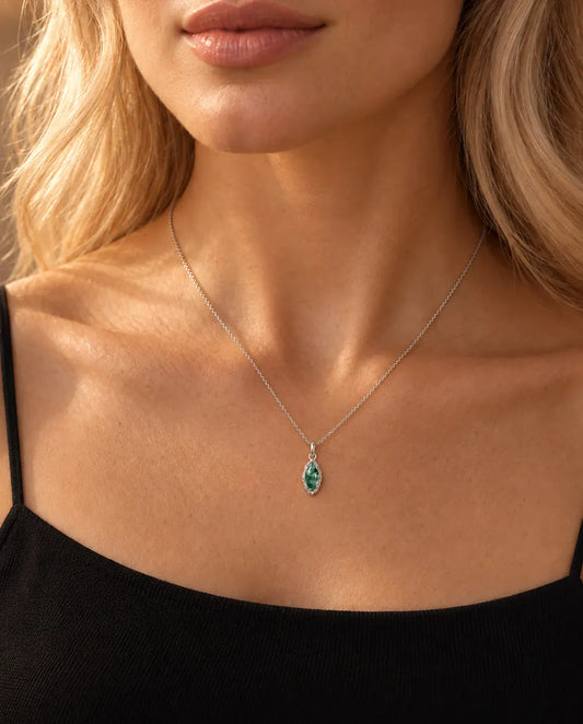 Marquise Moss Agate Necklace in 925 Sterling Silver - worn on a model, close-up at the collarbone