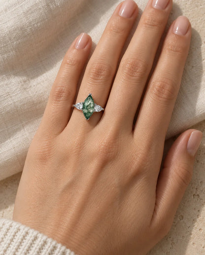 Moss Agate Ring - worn on the hand, close-up