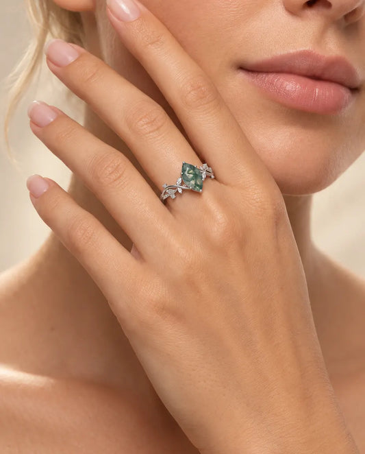 Marquise Moss Agate Ring in 925 Sterling Silver