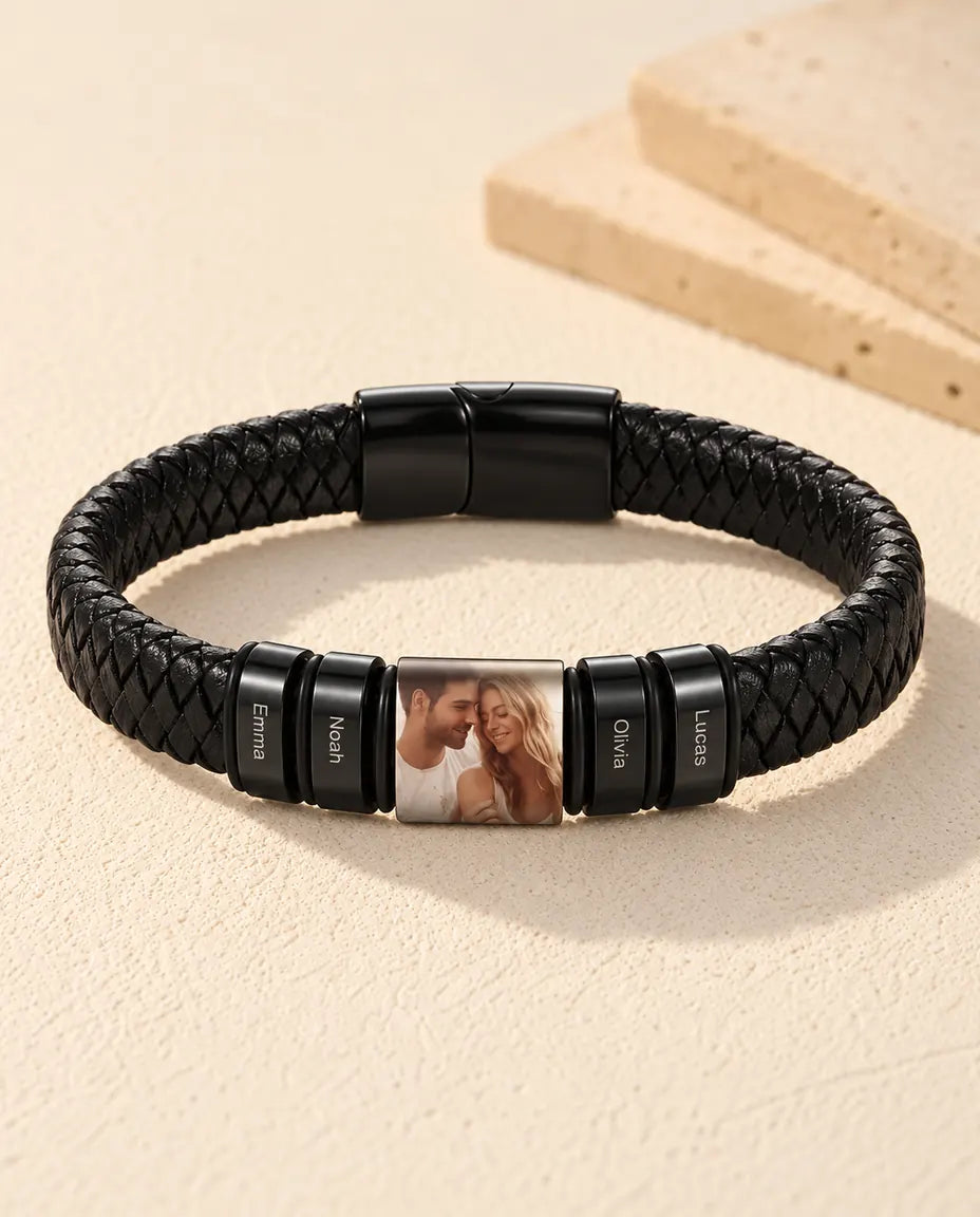 Men's Personalized Leather Bracelet for Dad - front view