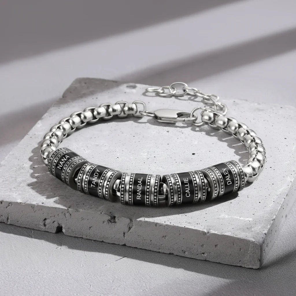 Men's Engraved Name Bracelet - Personalized Bracelet for Him - Up to 5 Name Beads
