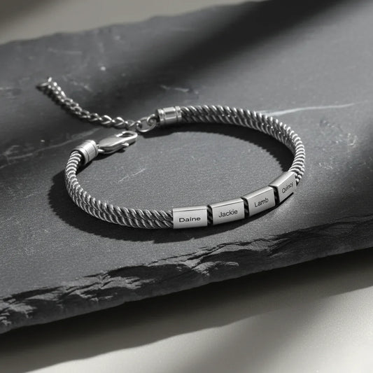 Men's Engraved Stainless Steel Rope Bracelet with Personalized Names