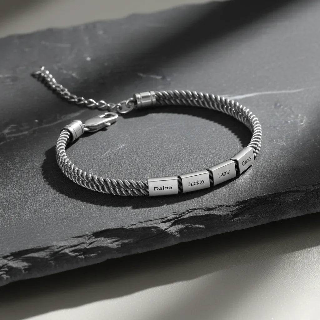 Men's Engraved Stainless Steel Rope Bracelet with Personalized Names