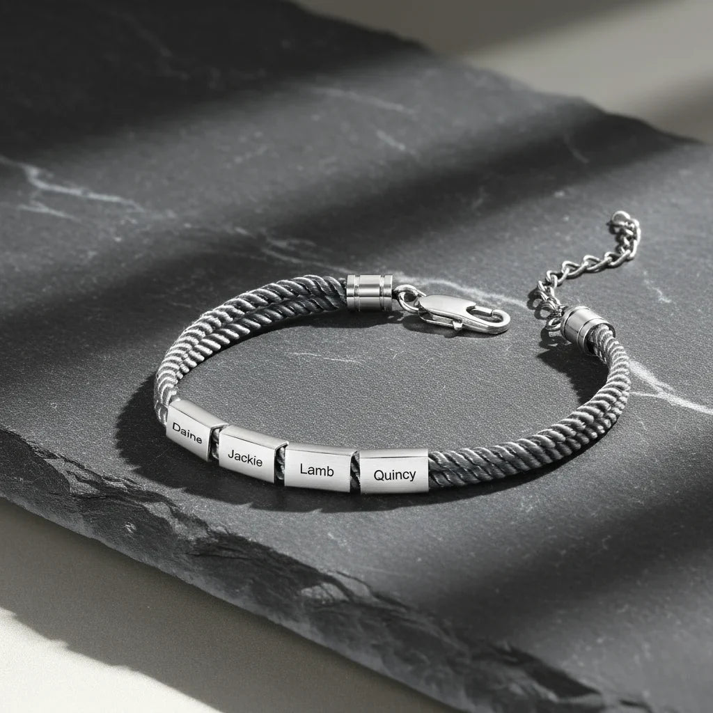 Men's Engraved Stainless Steel Rope Bracelet with Personalized Names