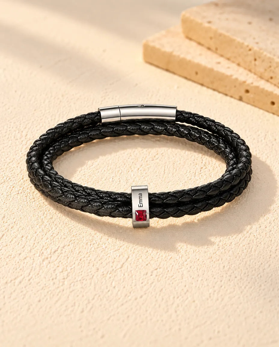 Men's Faux Leather Bracelet - version with 1 name and birthstone