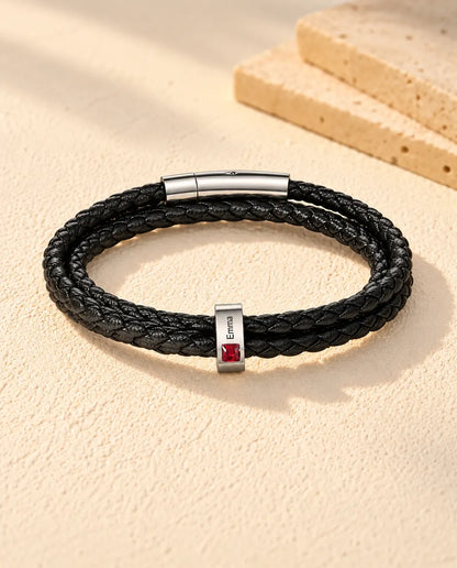 Men's Faux Leather Bracelet - version with 1 name and birthstone
