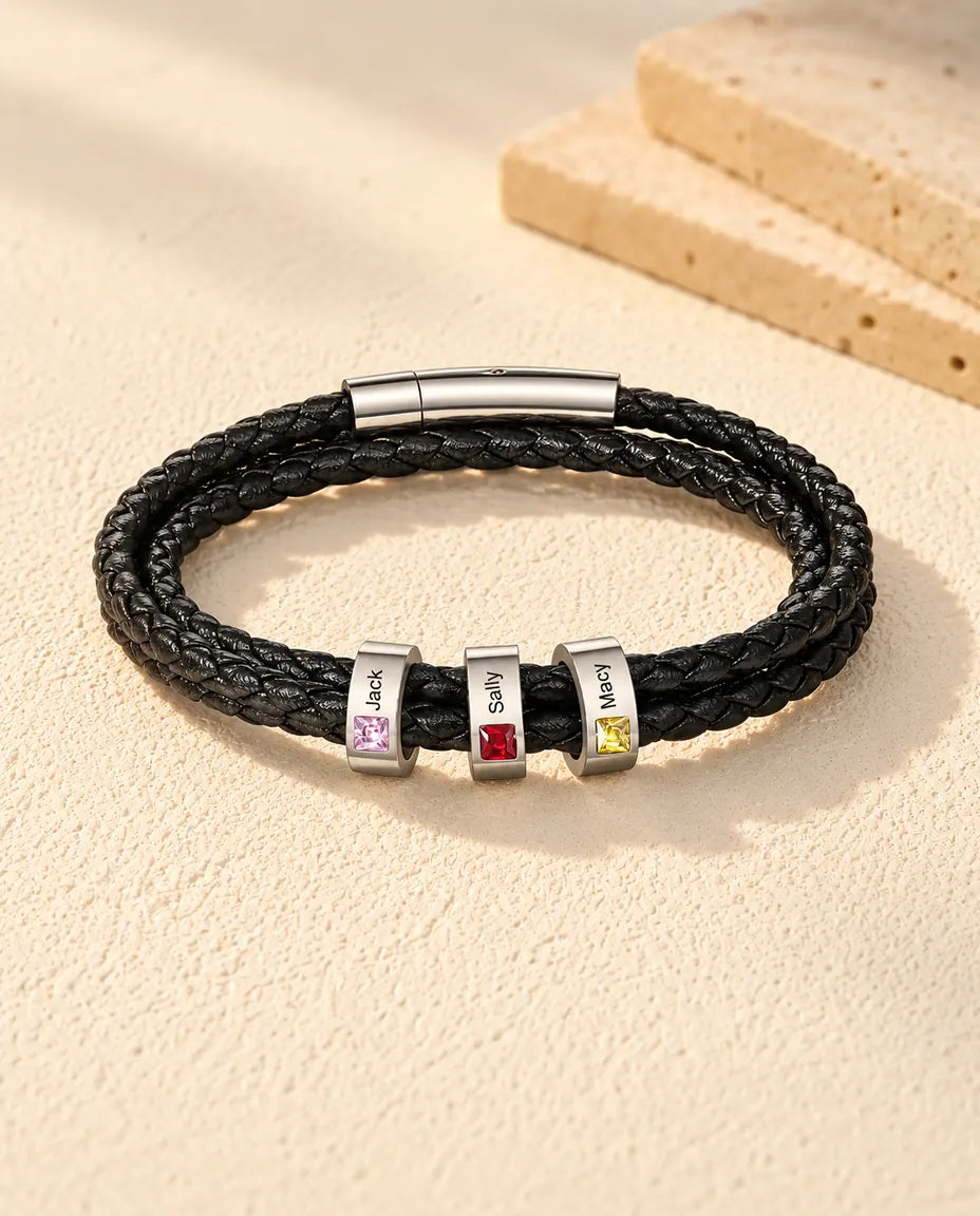 Men's Faux Leather Bracelet - version with 3 names and birthstones