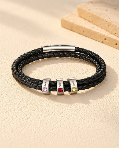Men's Faux Leather Bracelet - version with 3 names and birthstones