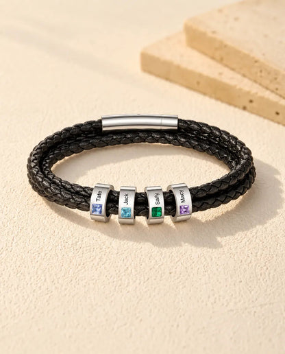Men's Faux Leather Bracelet - version with 4 names and birthstones