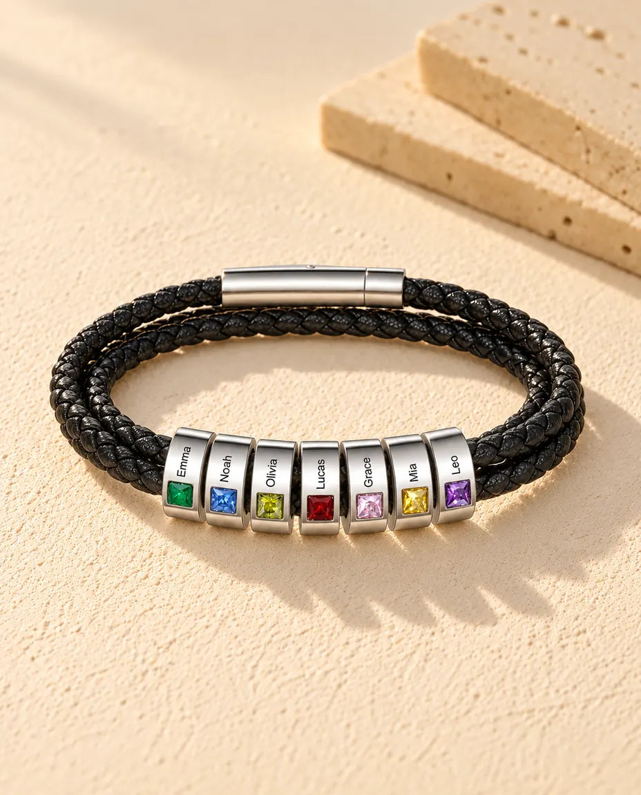 Men's Faux Leather Bracelet - version with 7 names and birthstones