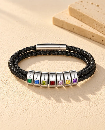Men's Faux Leather Bracelet - version with 7 names and birthstones
