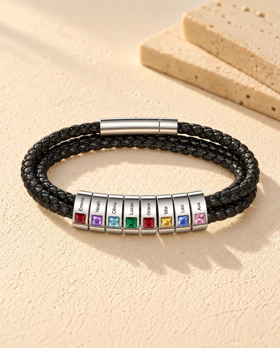 Men's Faux Leather Bracelet - version with 8 names and birthstones