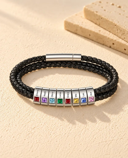 Men's Faux Leather Bracelet - version with 8 names and birthstones