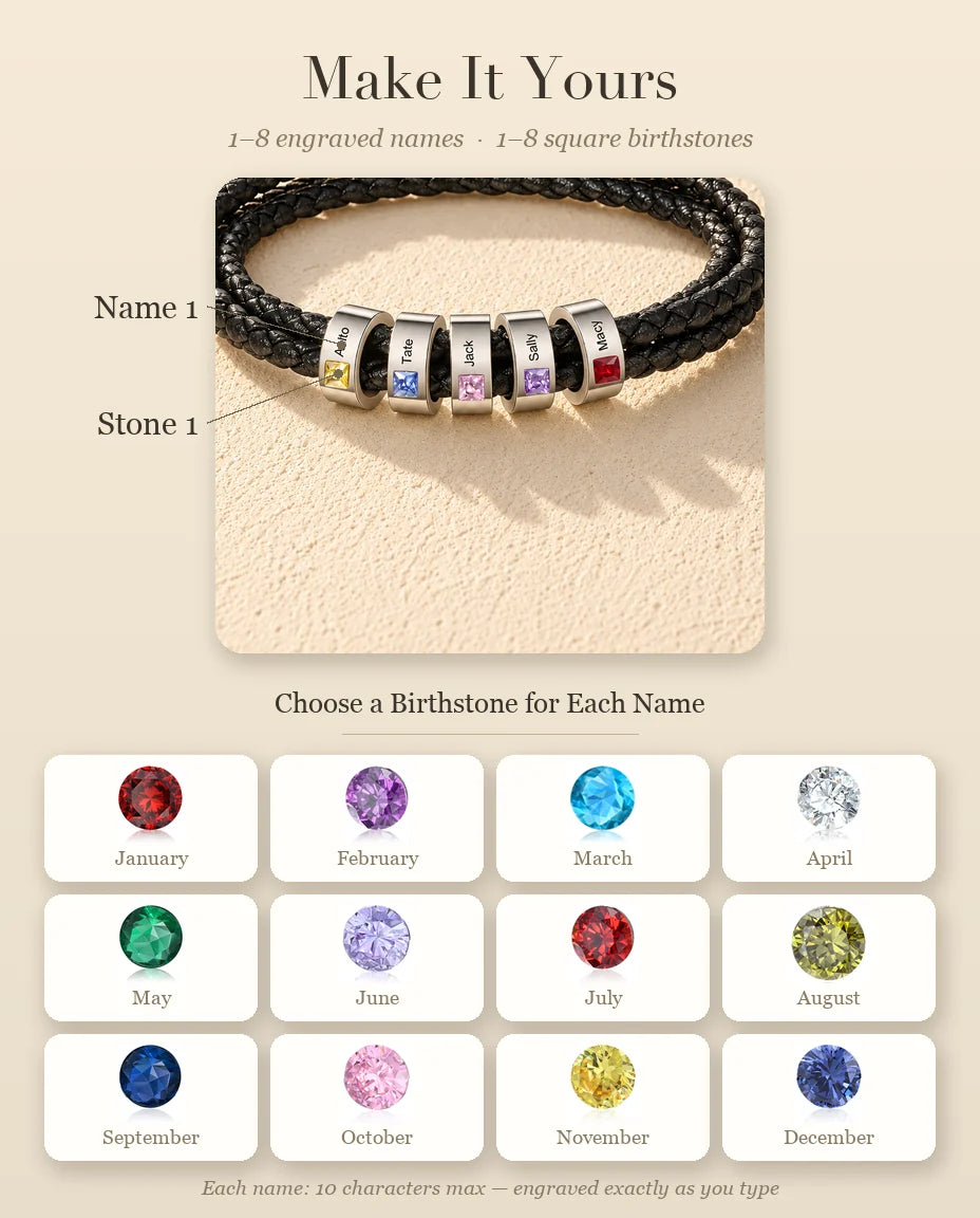 Men's Faux Leather Bracelet - personalization guide: names and birthstones