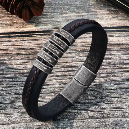 Personalized Men's PU Leather Bracelet – Black with 1-7 Engraved Name Beads, Stainless Steel – Gift for Him, Dad, Birthday