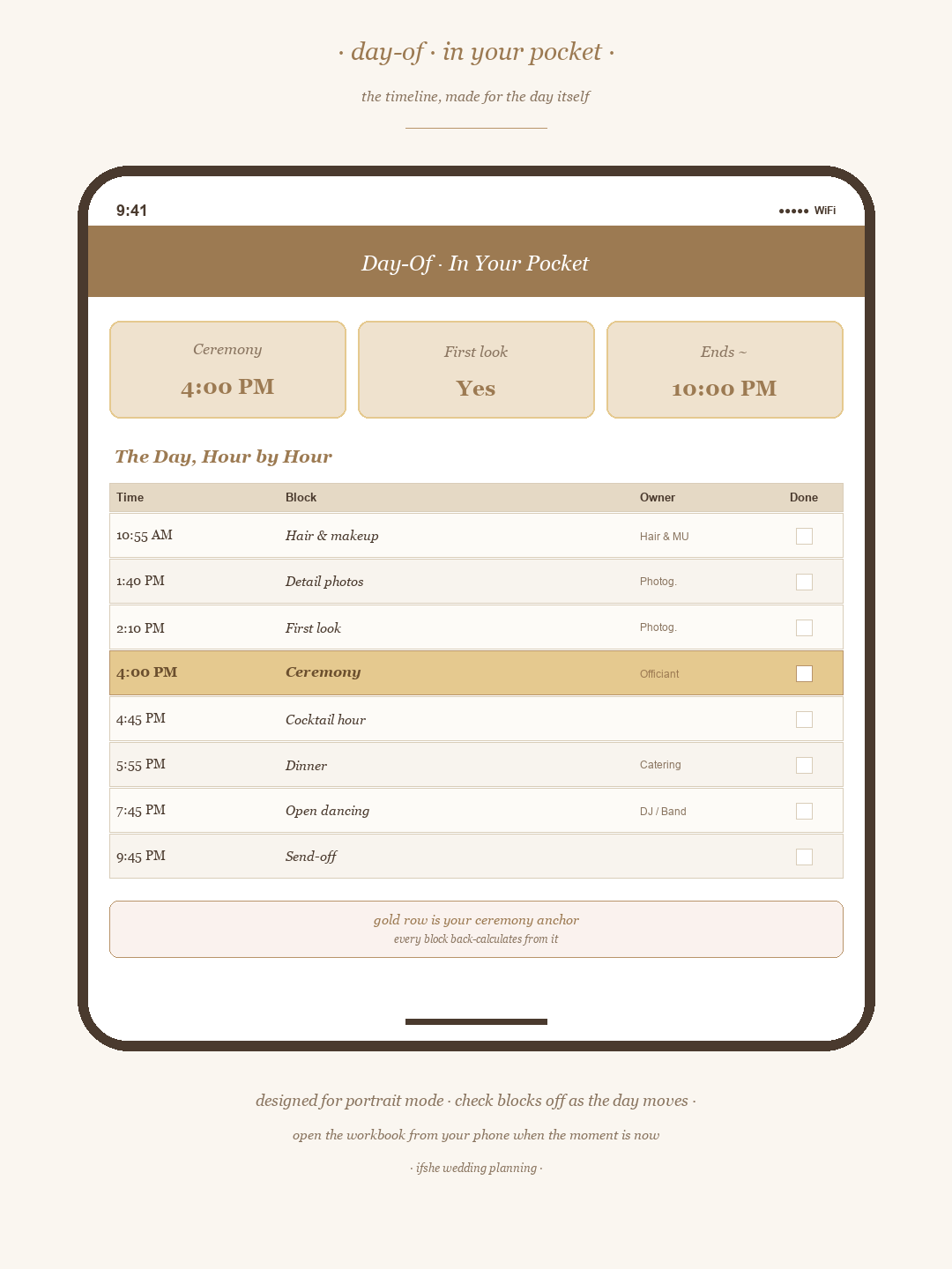 The Wedding Day-Of Timeline Builder — Type a Time, It Builds mobile view