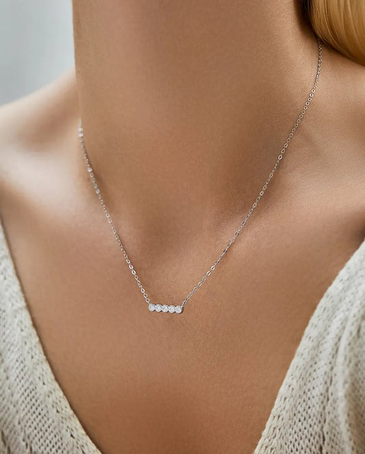 Moissanite bar necklace in 925 sterling silver, five D color bezel-set stones, curved pendant for women