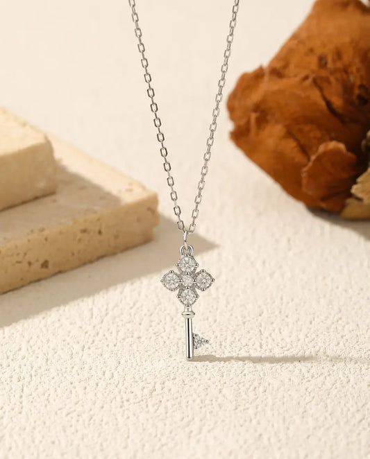 Moissanite clover key pendant necklace in 925 sterling silver