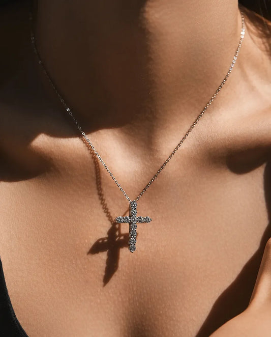 Moissanite cross necklace in 925 sterling silver, D color pave cross pendant for women