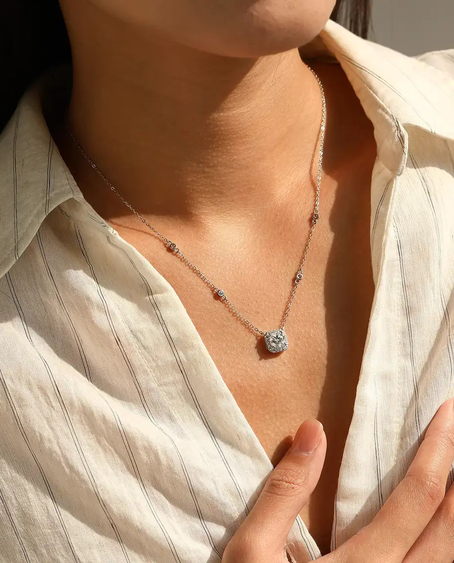 1 carat moissanite cushion halo pendant necklace in 925 sterling silver with zirconia station chain