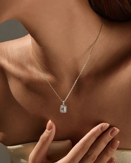 Emerald-Cut Moissanite Halo Necklace – 1ct D Color VVS1 Rectangle Pendant in 925 Sterling Silver