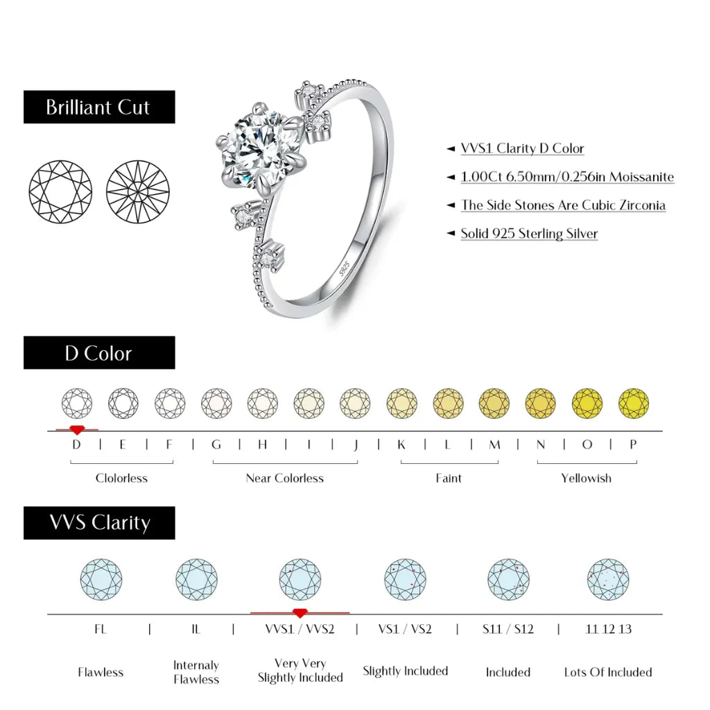 Moissanite Engagement Ring, 1.00 Carat, 925 Sterling Silver, Flower Six Claws Setting