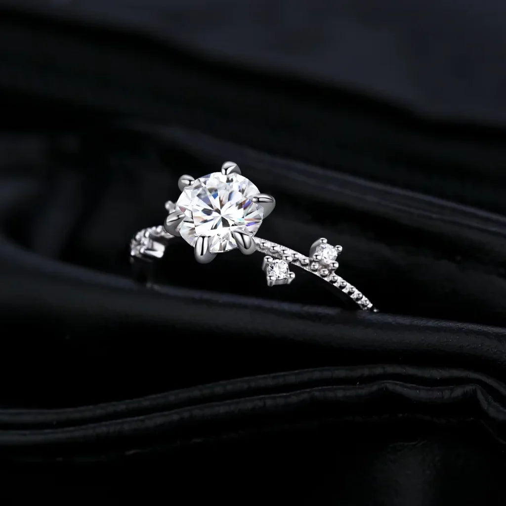 Moissanite Engagement Ring, 1.00 Carat, 925 Sterling Silver, Flower Six Claws Setting
