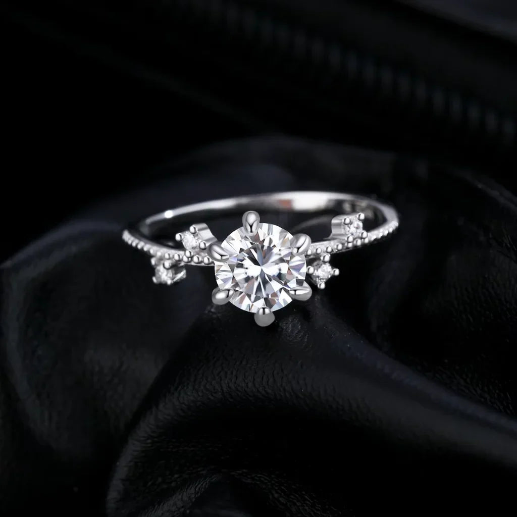 Moissanite Engagement Ring, 1.00 Carat, 925 Sterling Silver, Flower Six Claws Setting