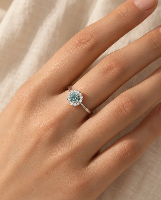 Green Teal Moissanite Halo Ring - worn on the hand