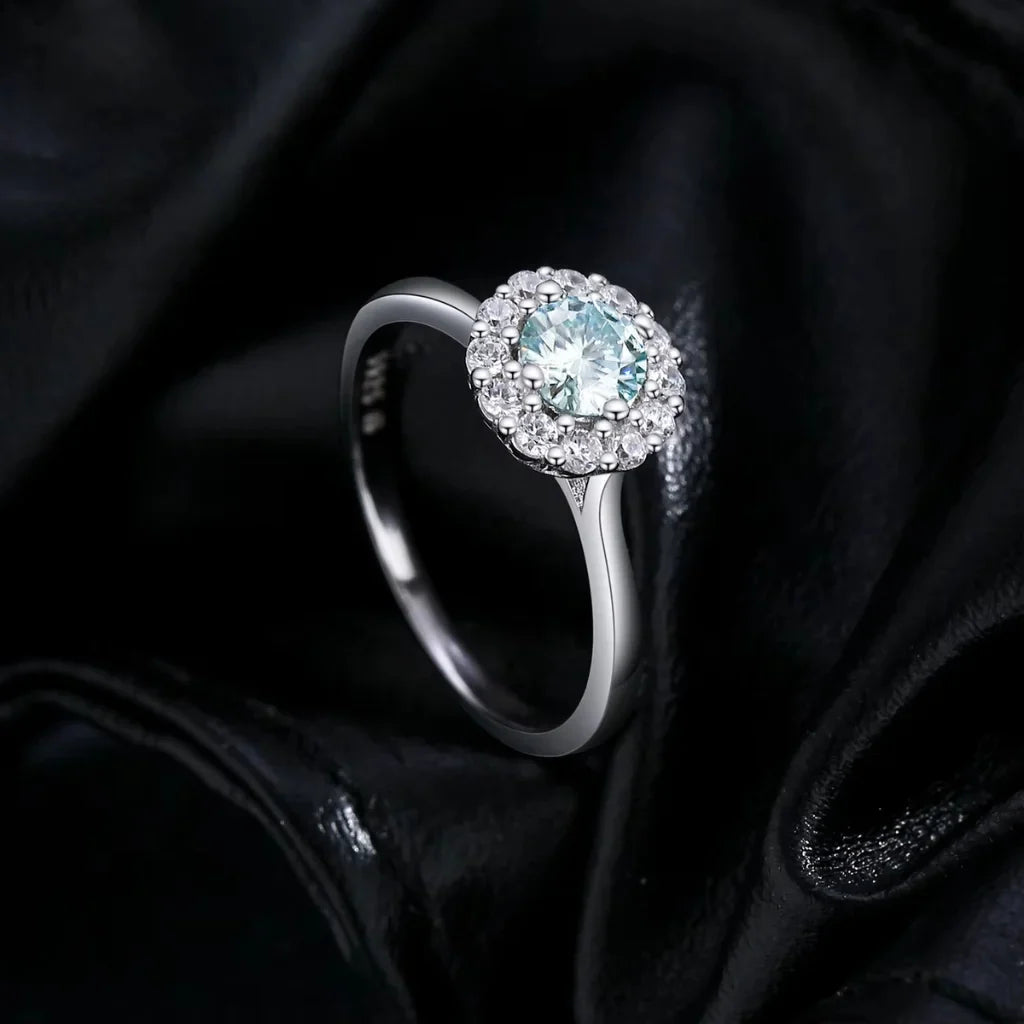 Moissanite Halo Ring - Moissanite Wedding Ring For Women - 0.50Ct - 925 Sterling Silver - Green Teal