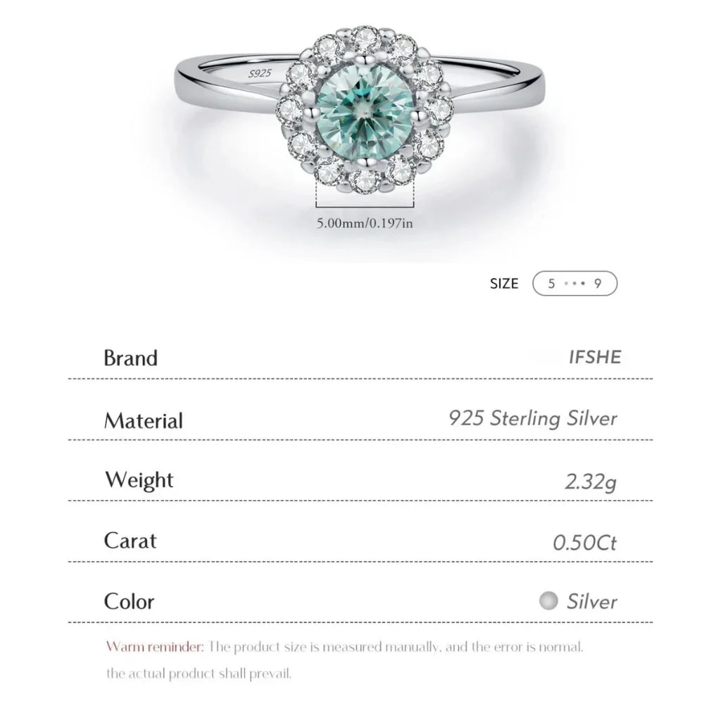 Moissanite Halo Ring - Moissanite Wedding Ring For Women - 0.50Ct - 925 Sterling Silver - Green Teal
