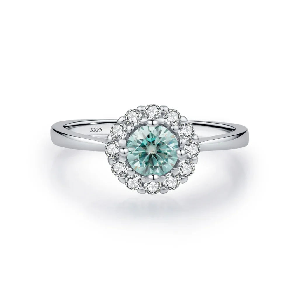 Moissanite Halo Ring - Moissanite Wedding Ring For Women - 0.50Ct - 925 Sterling Silver - Green Teal