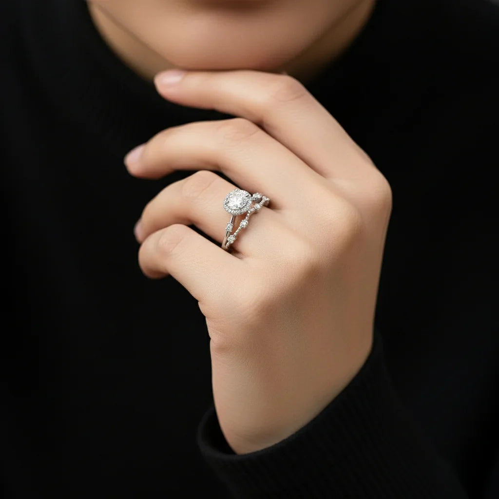 Moissanite Halo Ring with Lab Diamond Crown in 925 Sterling Silver