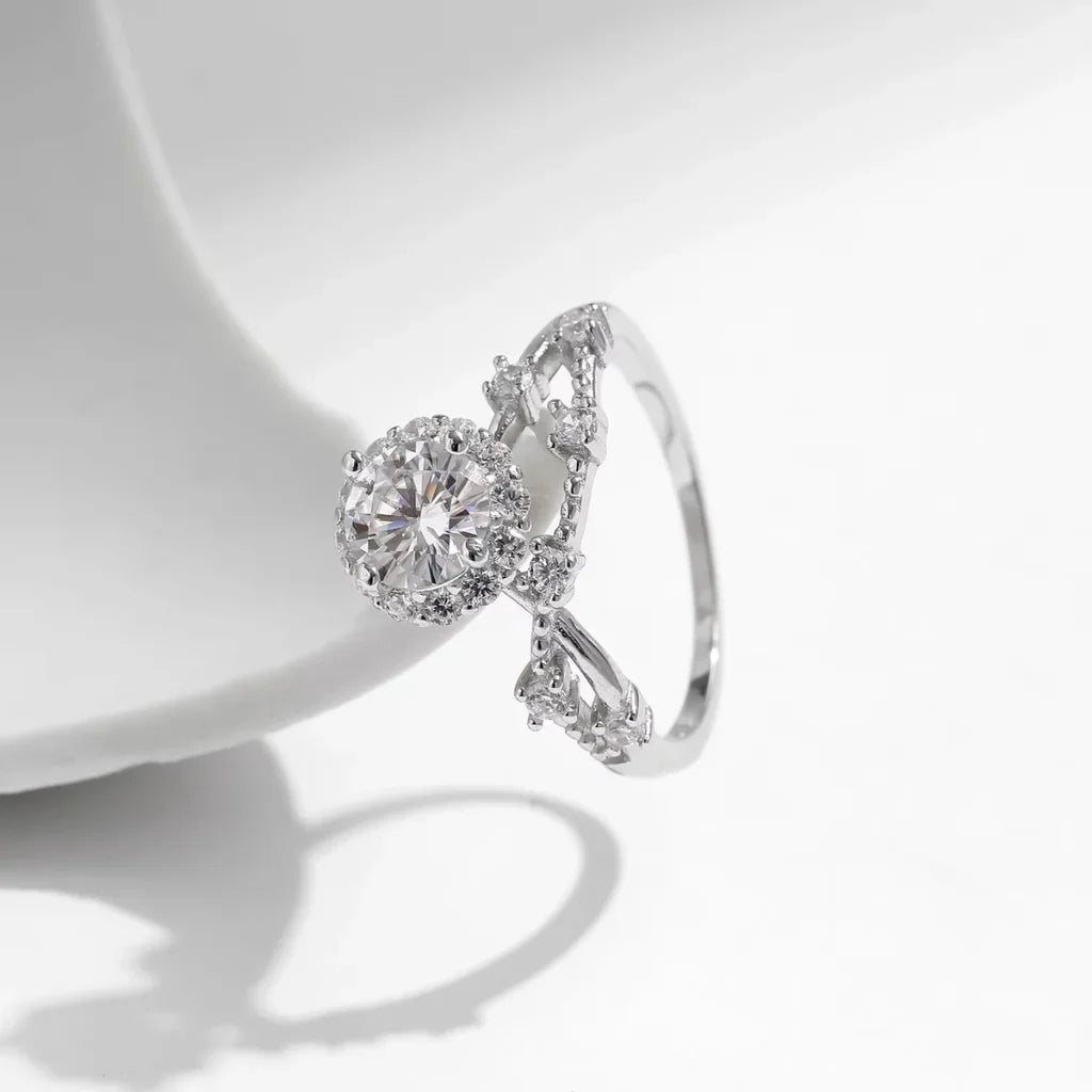 Moissanite Halo Ring with Lab Diamond Crown in 925 Sterling Silver