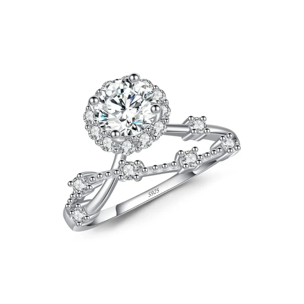 Moissanite Halo Ring with Lab Diamond Crown in 925 Sterling Silver