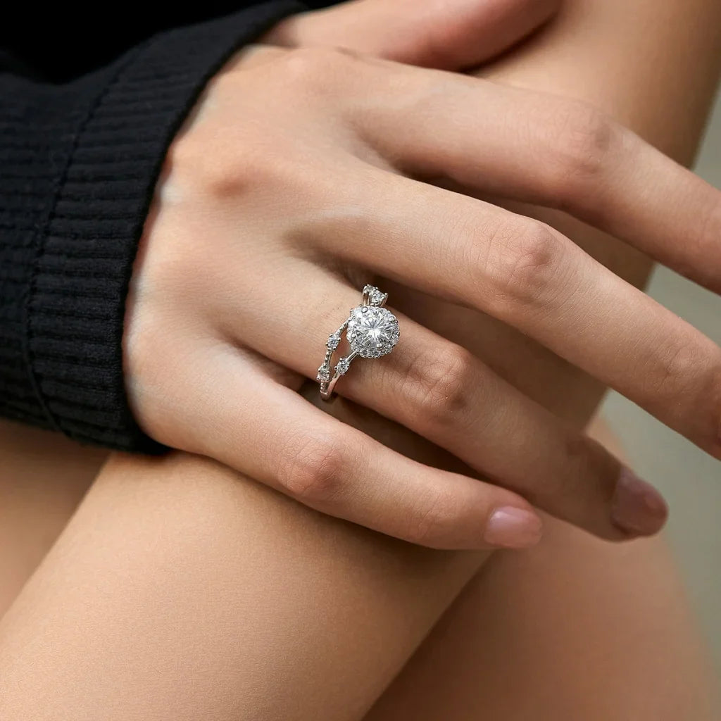 Moissanite Halo Ring with Lab Diamond Crown in 925 Sterling Silver