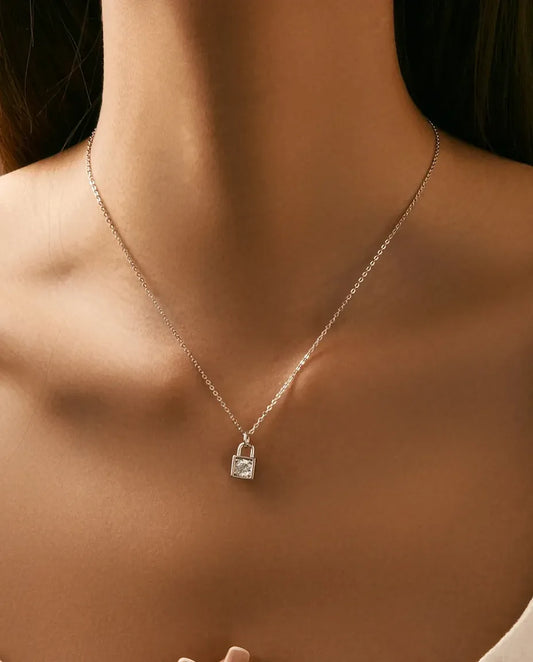 Moissanite Lock Pendant Necklace – 0.5ct D Color Padlock Charm in 925 Sterling Silver