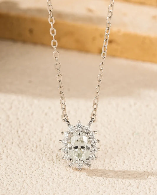 Moissanite Oval Halo Necklace – 1ct Pendant in 925 Sterling Silver, D Color VVS1 Wedding