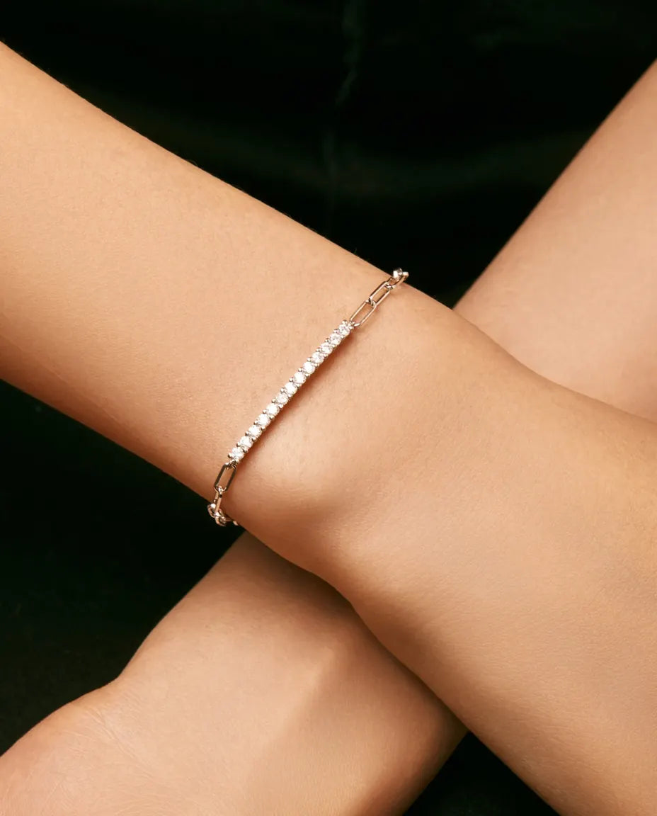 Moissanite pave bar bracelet on paperclip chain in 925 sterling silver