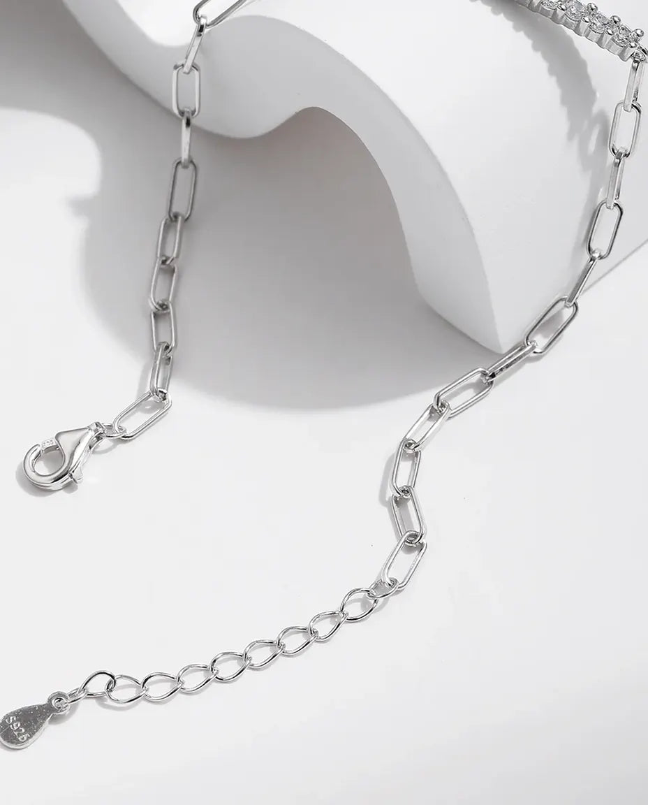 Moissanite pave bar bracelet on paperclip chain in 925 sterling silver