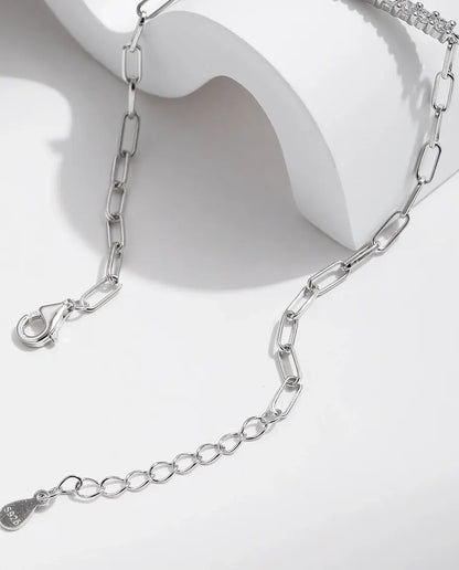 Moissanite pave bar bracelet on paperclip chain in 925 sterling silver
