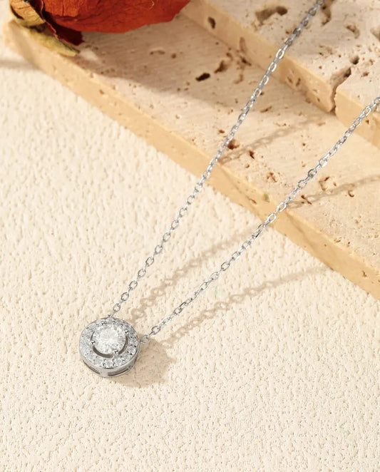 Moissanite Halo Necklace – 0.5ct D Color Round Pendant with Pavé Halo in 925 Sterling Silver