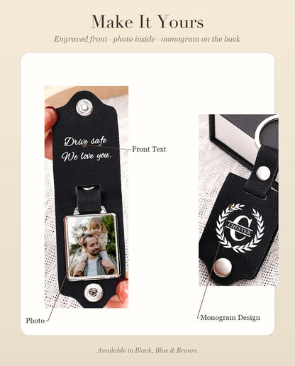Personalization guide showing front text, photo and monogram positions on the faux leather keychain