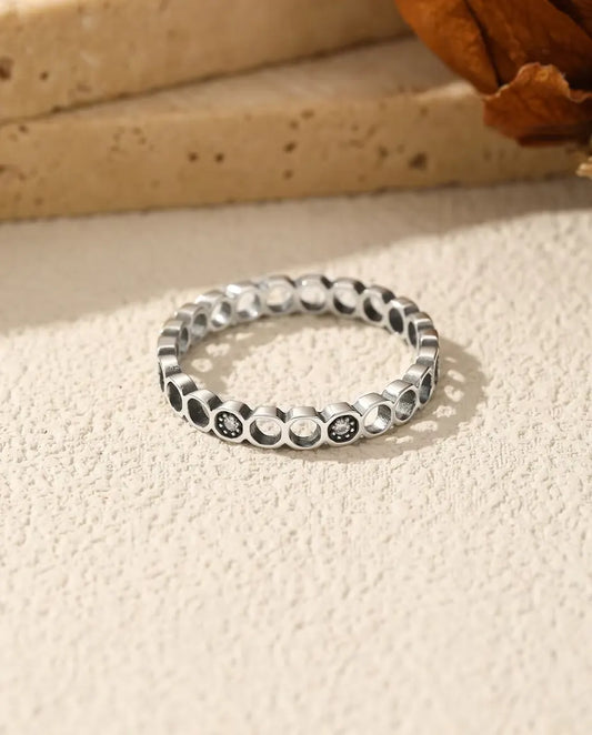 Moon phase eternity ring with moissanite in oxidized 925 silver