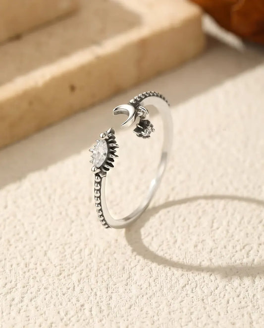 Moon and star open ring in oxidized 925 sterling silver