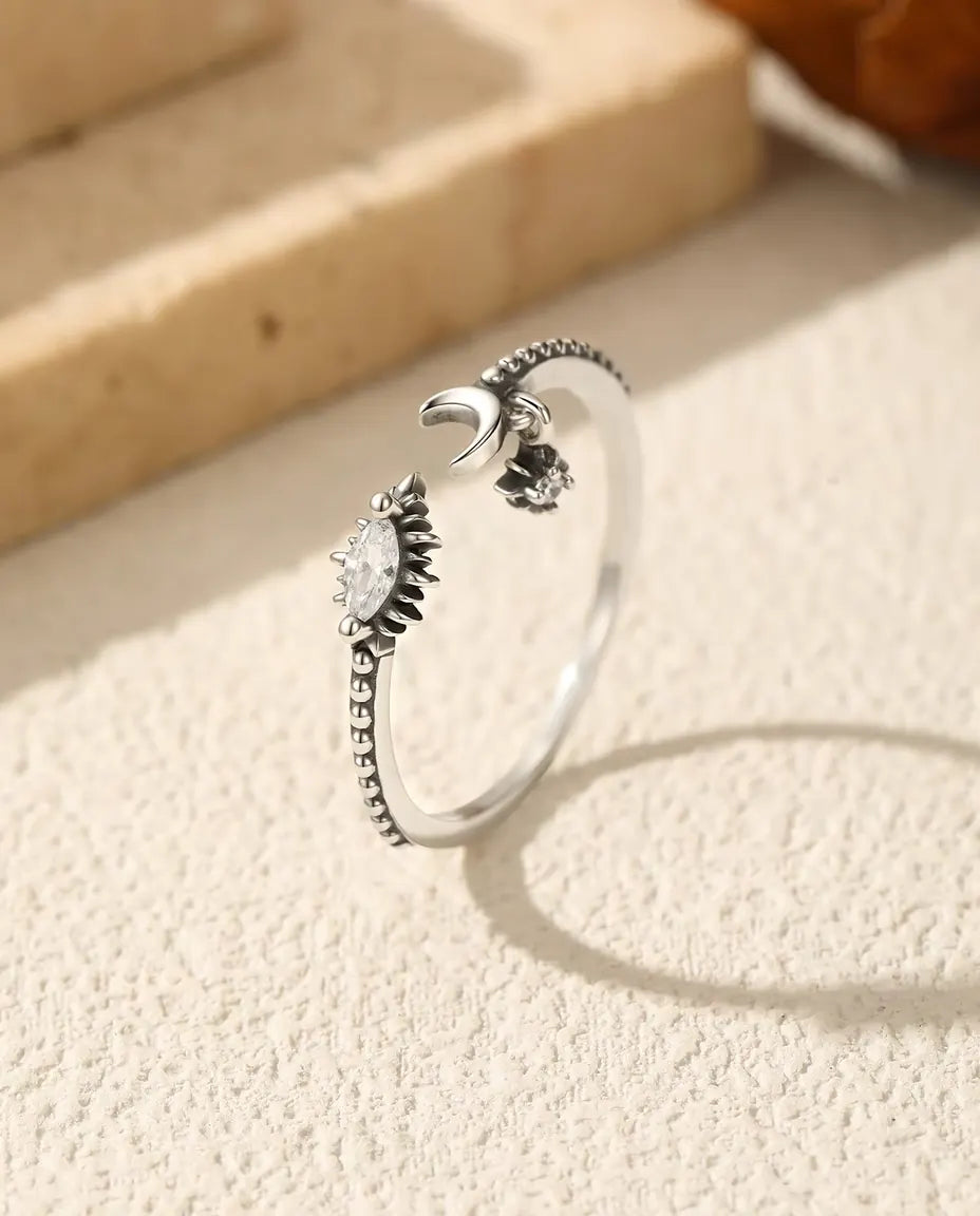 Moon and star open ring in oxidized 925 sterling silver